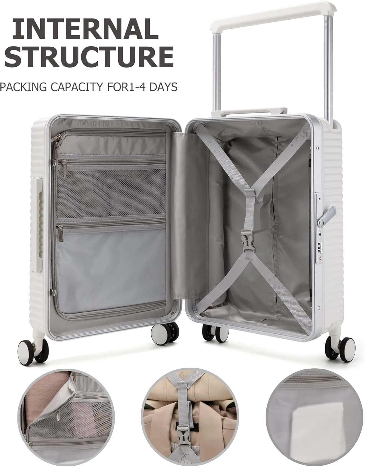 feilario 20" Aluminum Frame Hardside PC Carry on Luggage - Wide Handle Double Spinner Wheels Suitcase Built-In TSA lock & Cup Holder - White