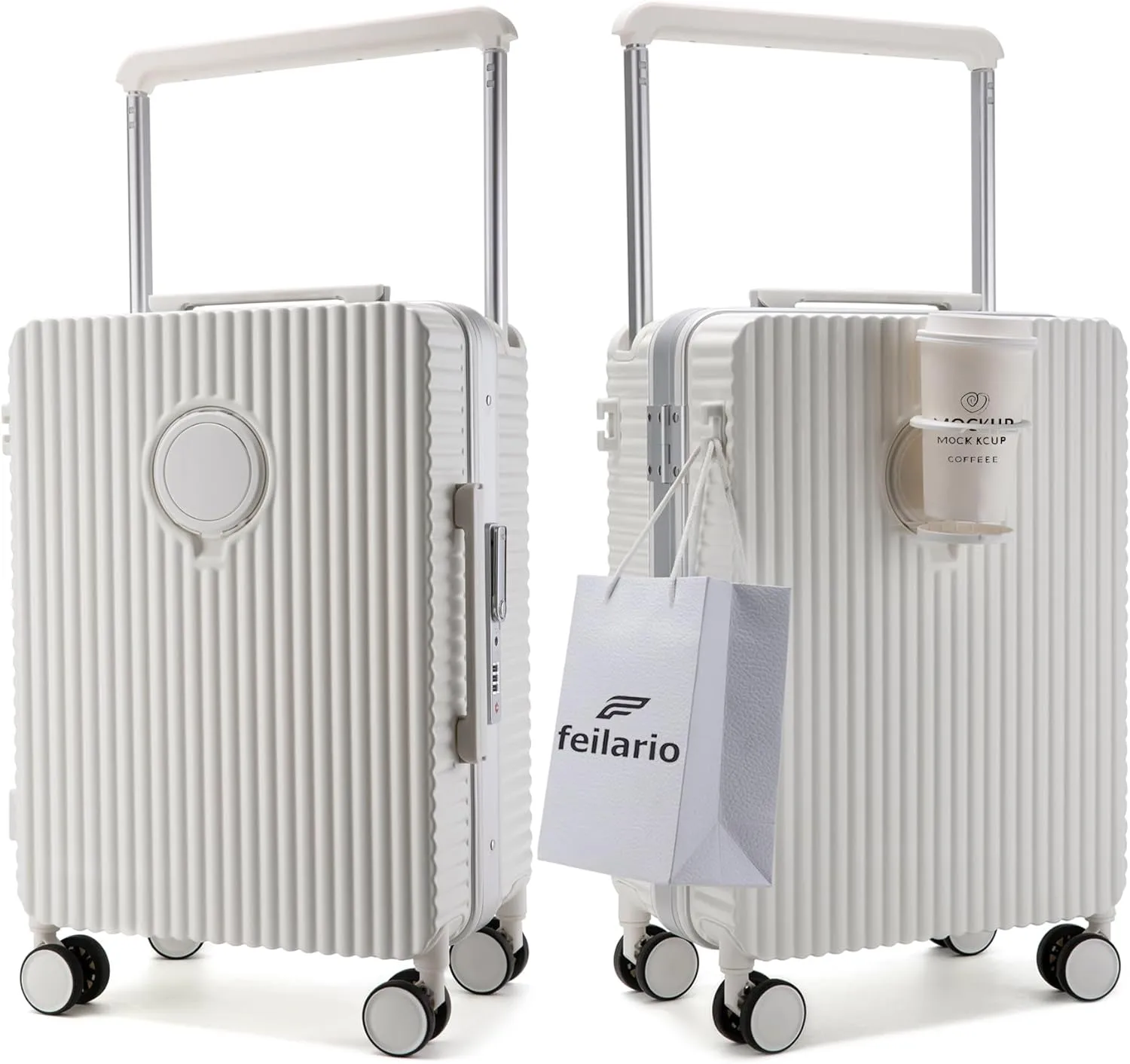 feilario 20" Aluminum Frame Hardside PC Carry on Luggage - Wide Handle Double Spinner Wheels Suitcase Built-In TSA lock & Cup Holder - White