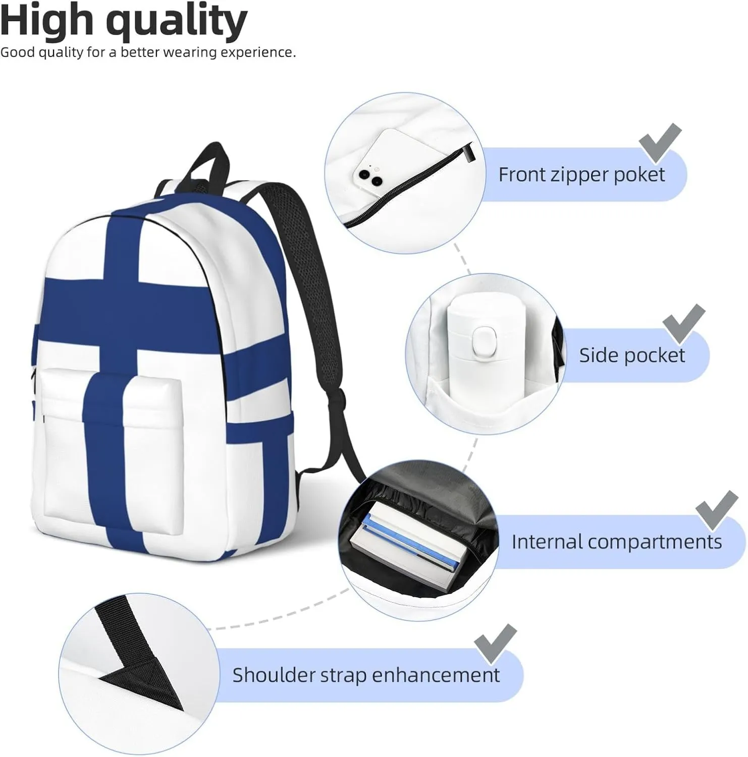 Finnish flag print Hiking Backpack Casual Daypack Outdoor Travel Backpacks Bookbag for Men Women Adult