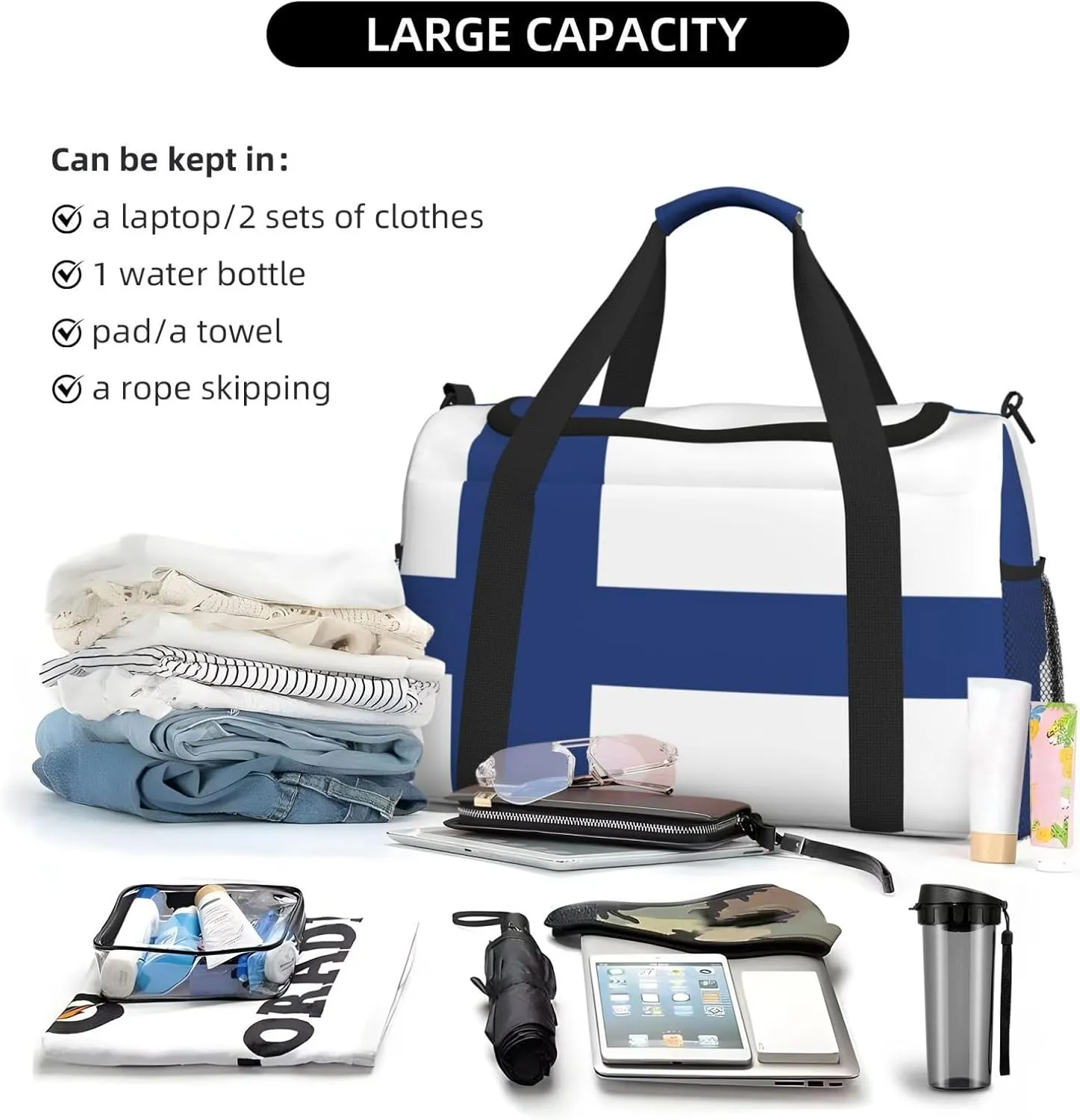 Finnish Flag Travel Bag, Weekender Bags For Women Men For Outdoor Adventures, Ideal For Camping And Hiking