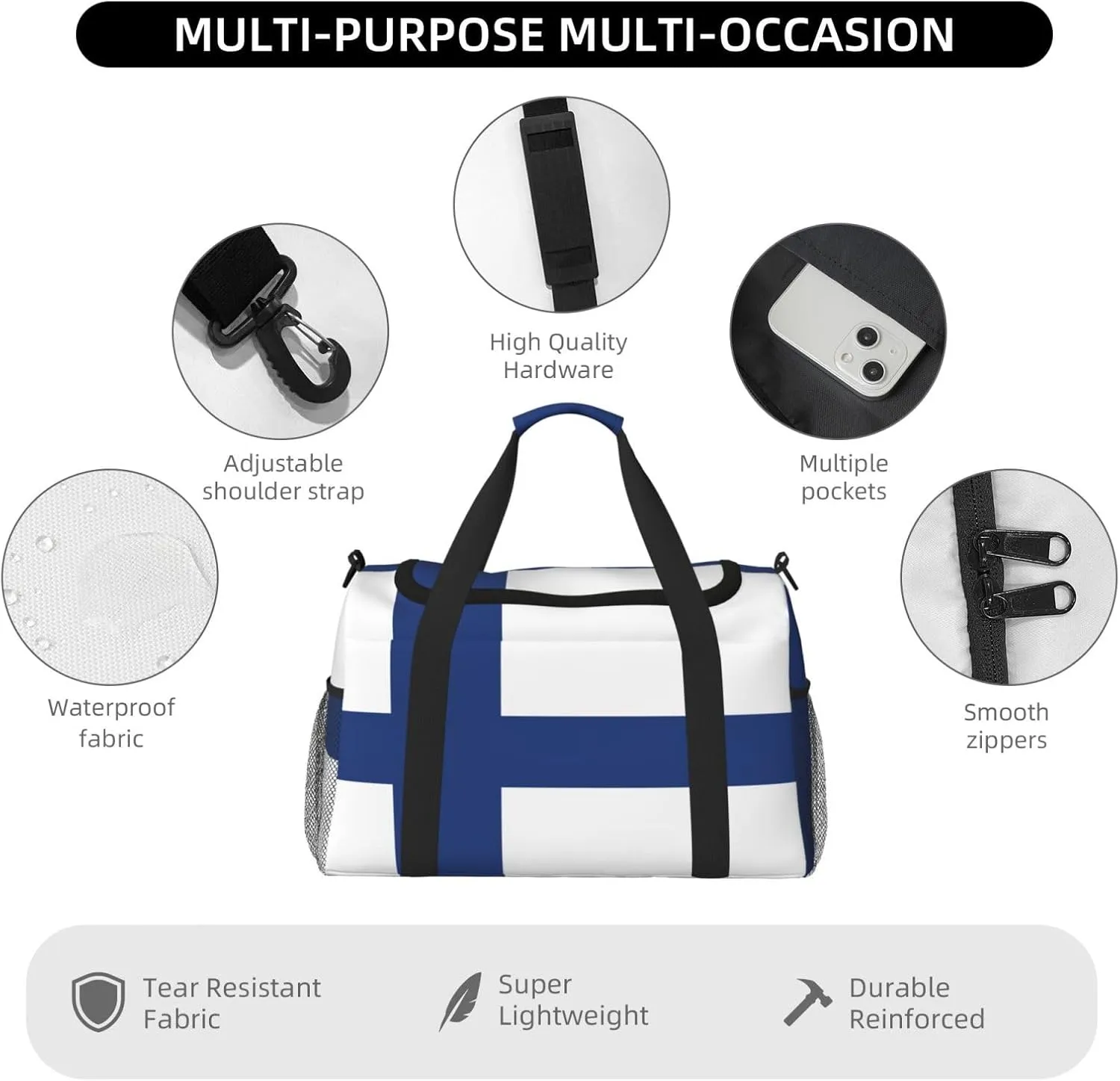 Finnish Flag Travel Bag, Weekender Bags For Women Men For Outdoor Adventures, Ideal For Camping And Hiking