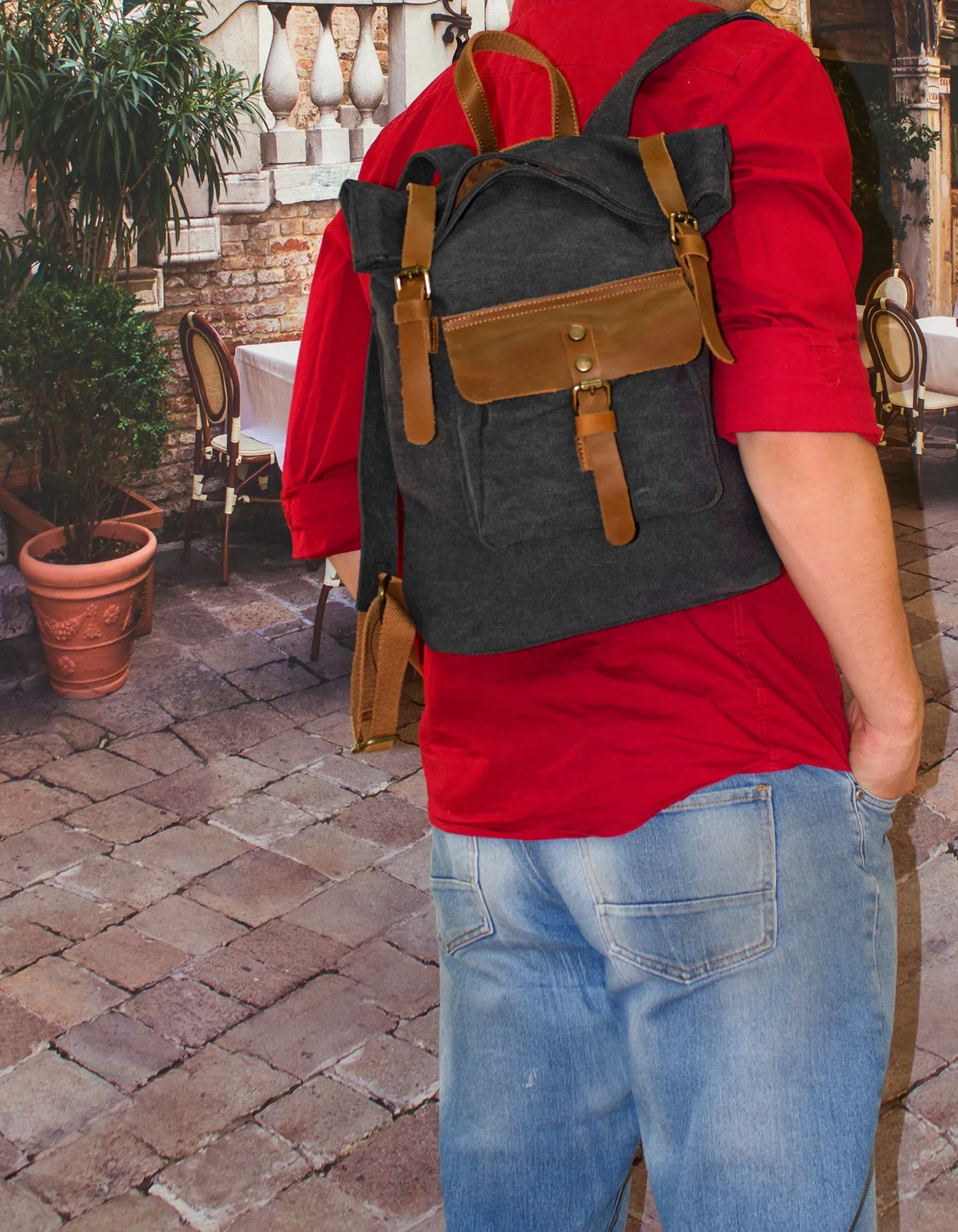 Fino SL-531 Unisex Canvas and Genuine Leather Backpack with Rolled up Closure