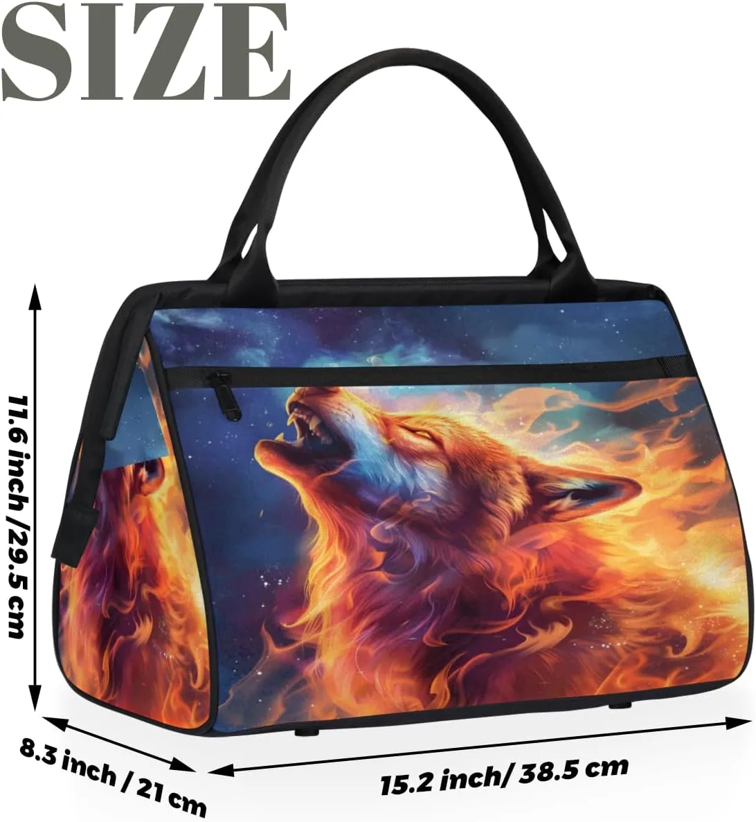 Fire Animal Wolf Small Overnight Weekender Tote Bag for Women Men Foldable Travel Duffel Bags Lightweight Sports Gym Bag Waterproof Carry On Luggage Weekender Bag for Traveling Gifts