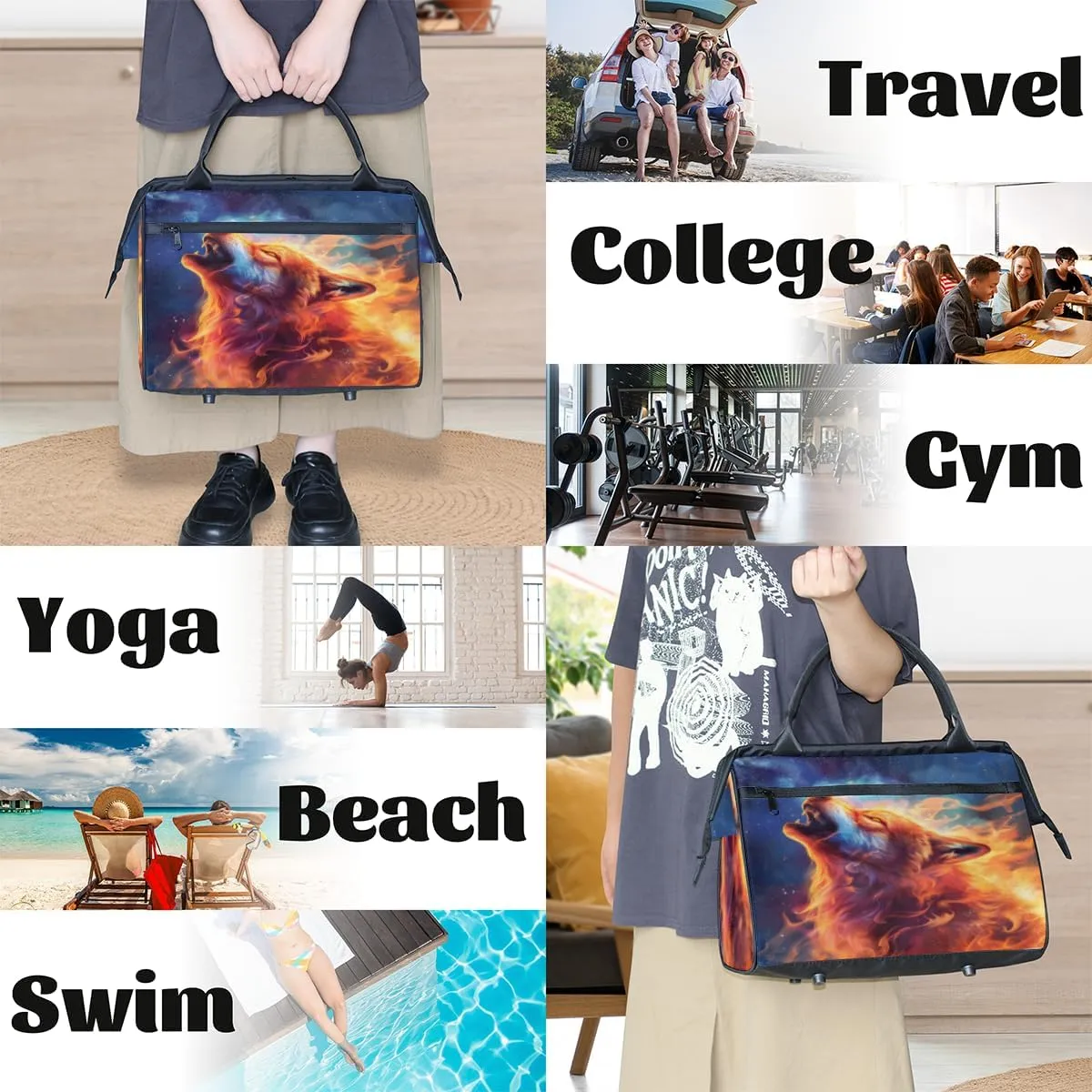 Fire Animal Wolf Small Overnight Weekender Tote Bag for Women Men Foldable Travel Duffel Bags Lightweight Sports Gym Bag Waterproof Carry On Luggage Weekender Bag for Traveling Gifts
