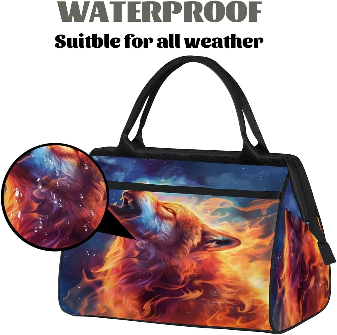 Fire Animal Wolf Small Overnight Weekender Tote Bag for Women Men Foldable Travel Duffel Bags Lightweight Sports Gym Bag Waterproof Carry On Luggage Weekender Bag for Traveling Gifts