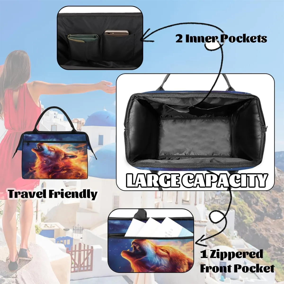 Fire Animal Wolf Small Overnight Weekender Tote Bag for Women Men Foldable Travel Duffel Bags Lightweight Sports Gym Bag Waterproof Carry On Luggage Weekender Bag for Traveling Gifts
