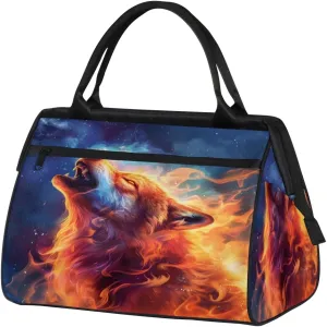 Fire Animal Wolf Small Overnight Weekender Tote Bag for Women Men Foldable Travel Duffel Bags Lightweight Sports Gym Bag Waterproof Carry On Luggage Weekender Bag for Traveling Gifts