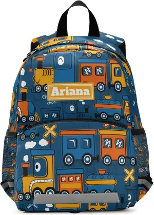 Fisyme Cartoon Funny Steam Train Custom Toddler Backpack Schoolbag Kids Daypack Travel School Bag Personalized Backpacks for Kindergarten Preschool Nursery Children Boys Girls with Chest Strap