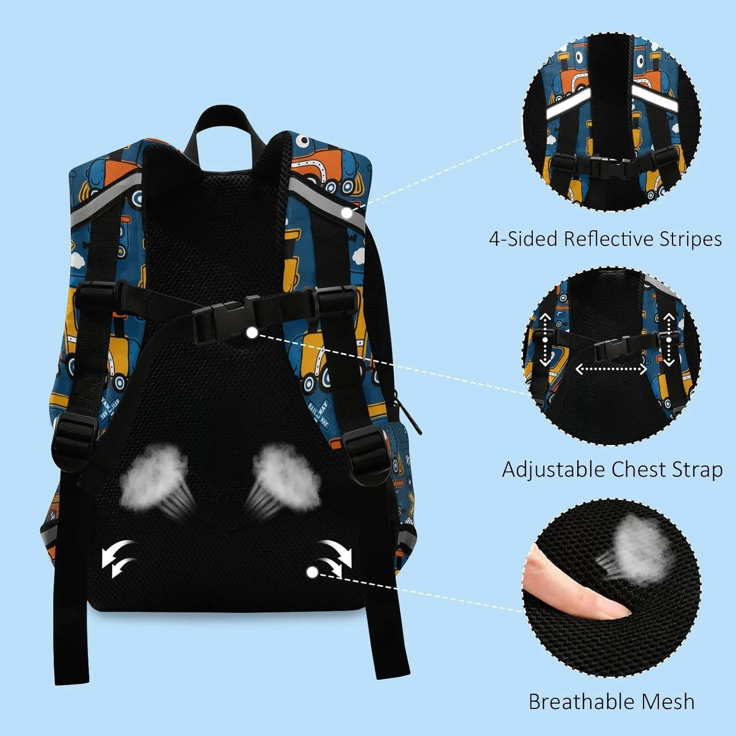 Fisyme Cartoon Funny Steam Train Custom Toddler Backpack Schoolbag Kids Daypack Travel School Bag Personalized Backpacks for Kindergarten Preschool Nursery Children Boys Girls with Chest Strap