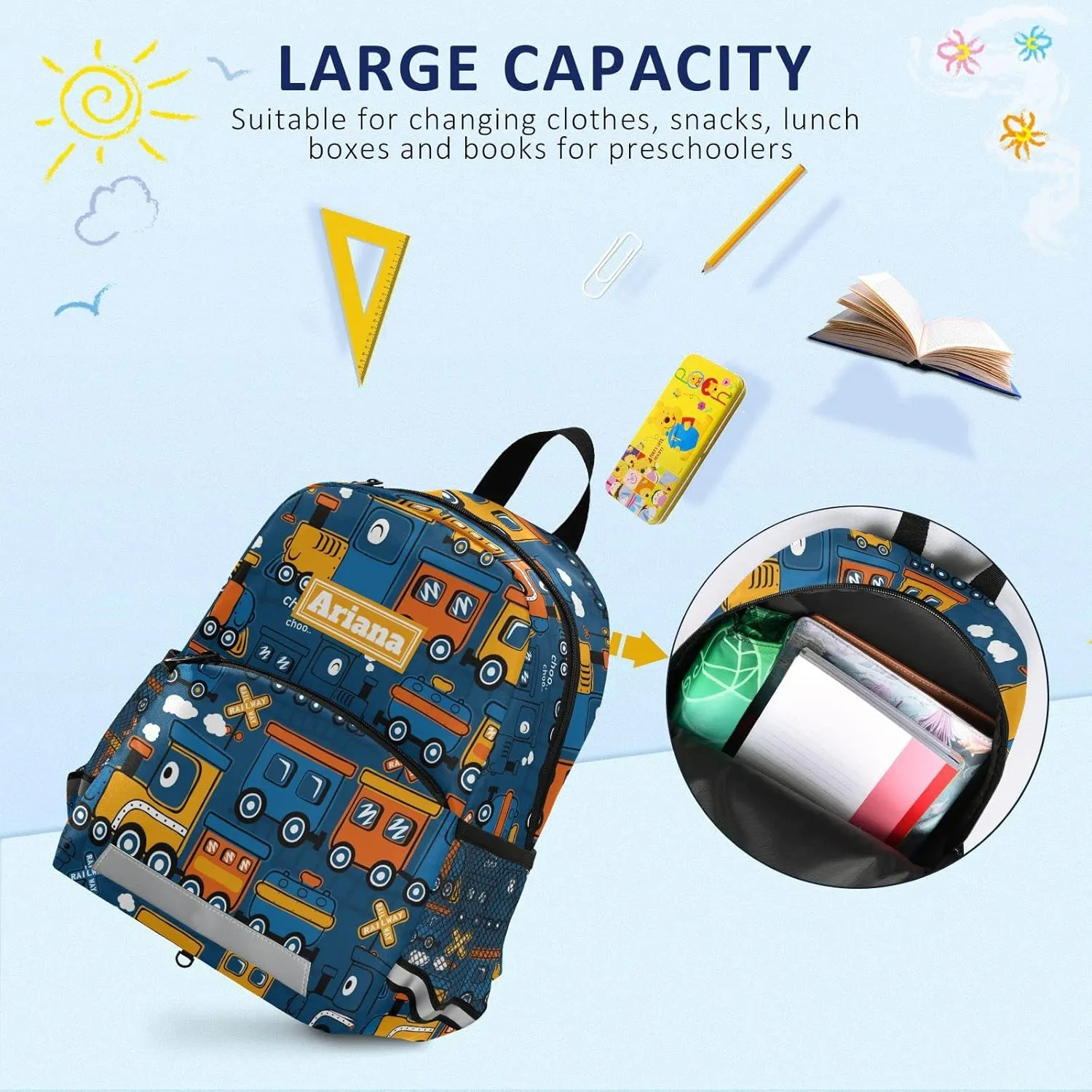 Fisyme Cartoon Funny Steam Train Custom Toddler Backpack Schoolbag Kids Daypack Travel School Bag Personalized Backpacks for Kindergarten Preschool Nursery Children Boys Girls with Chest Strap
