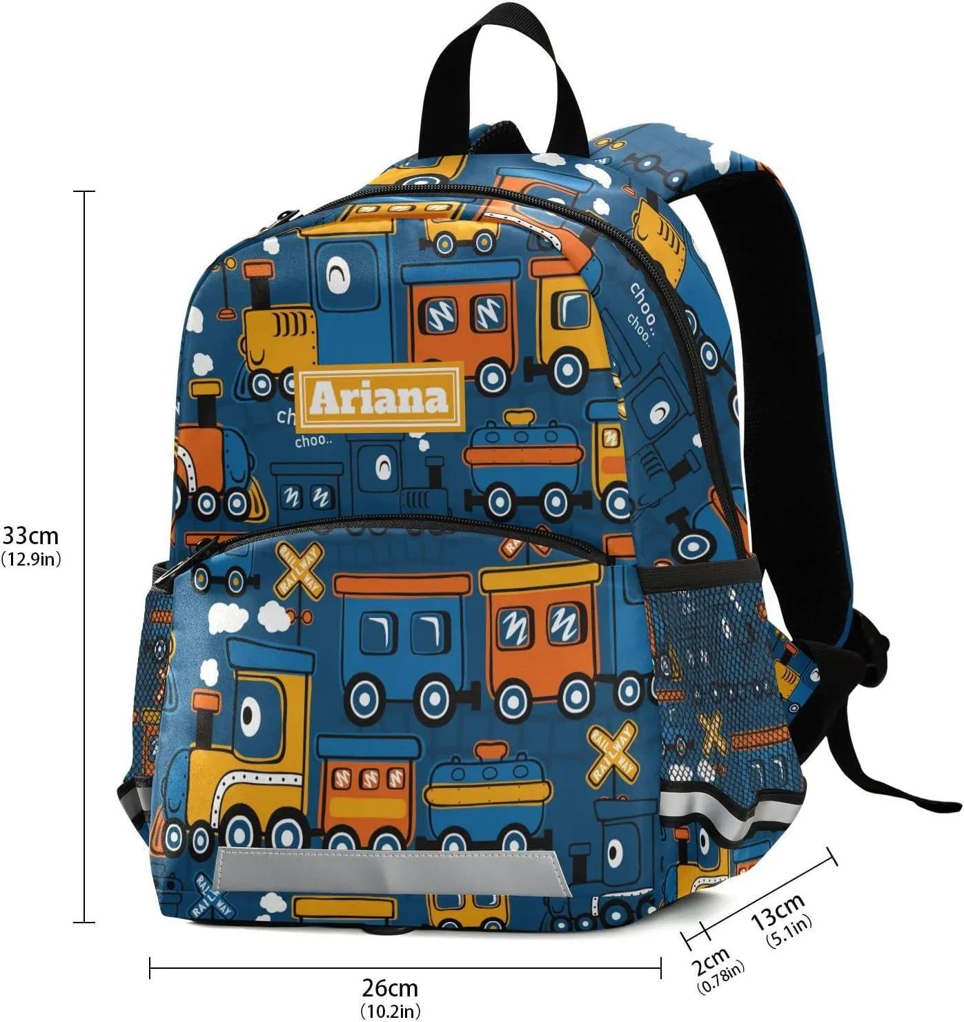 Fisyme Cartoon Funny Steam Train Custom Toddler Backpack Schoolbag Kids Daypack Travel School Bag Personalized Backpacks for Kindergarten Preschool Nursery Children Boys Girls with Chest Strap