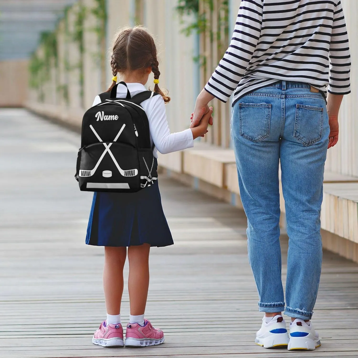 Fisyme Hockey Stick Puck Black Custom Backpack Schoolbag Kids Daypack Toddler Travel School Bag Small Backpacks for Kindergarten Preschool Nursery Boys Girl