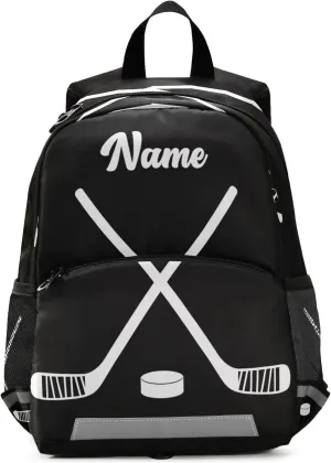 Fisyme Hockey Stick Puck Black Custom Backpack Schoolbag Kids Daypack Toddler Travel School Bag Small Backpacks for Kindergarten Preschool Nursery Boys Girl
