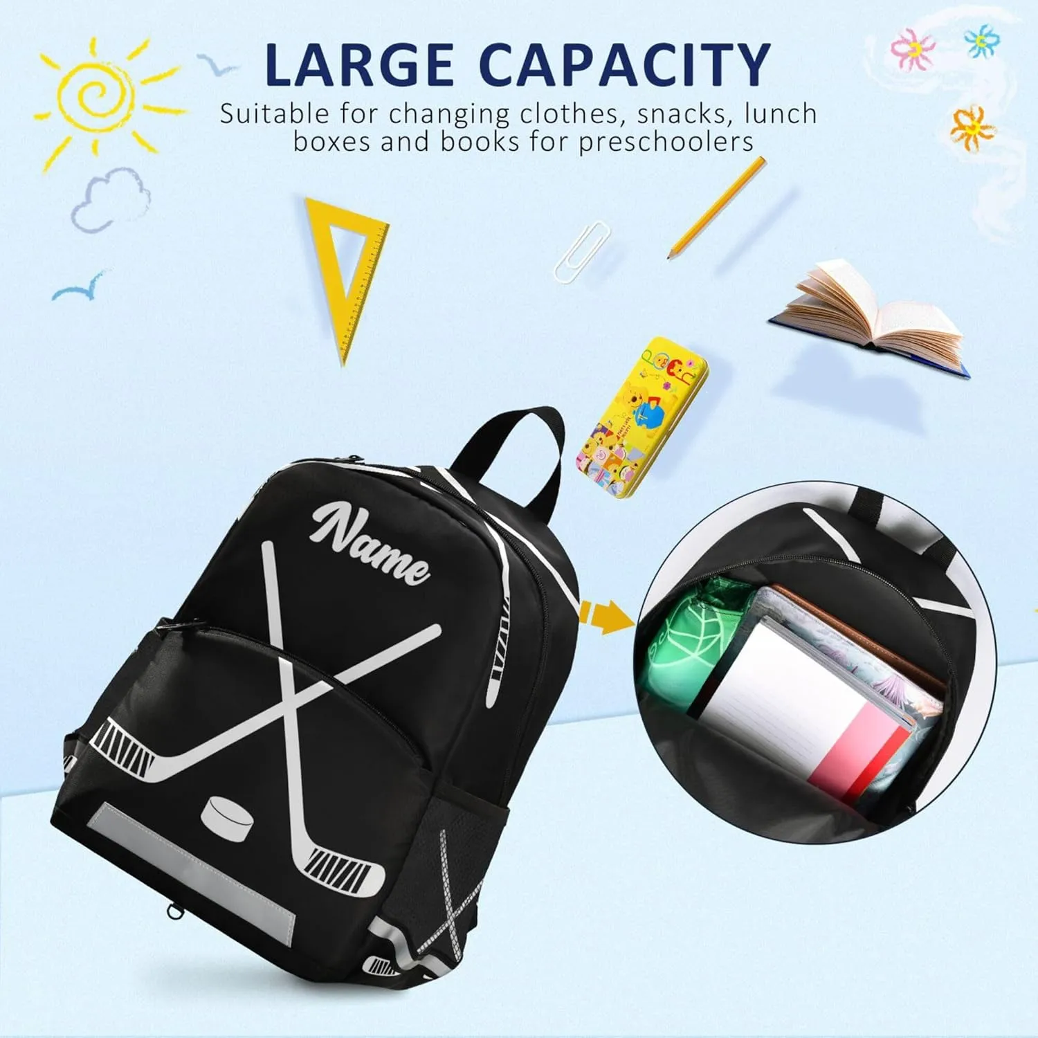 Fisyme Hockey Stick Puck Black Custom Backpack Schoolbag Kids Daypack Toddler Travel School Bag Small Backpacks for Kindergarten Preschool Nursery Boys Girl
