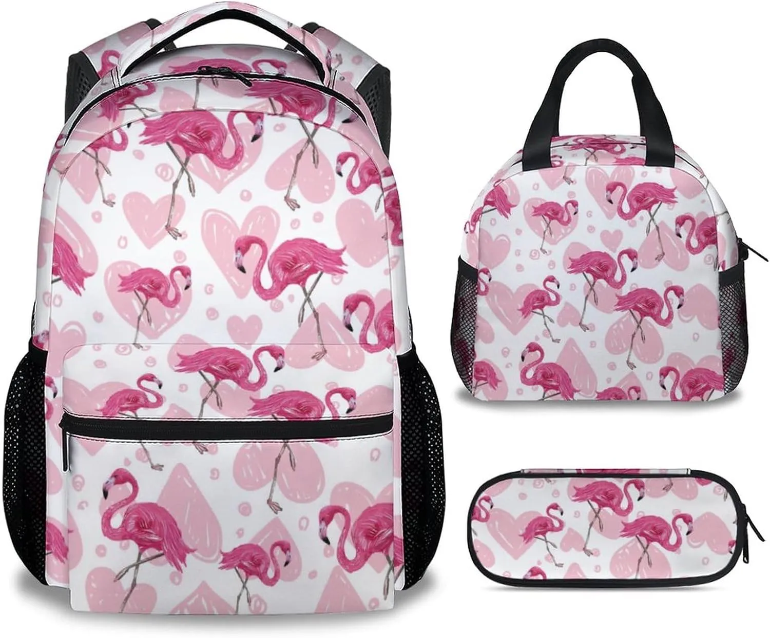 Flamingo Backpack with Lunch Box, Set of 3 School Backpacks Matching Combo for Girls Boys, Cute Pink Bookbag and Pencil Case Bundle