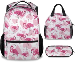 Flamingo Backpack with Lunch Box, Set of 3 School Backpacks Matching Combo for Girls Boys, Cute Pink Bookbag and Pencil Case Bundle