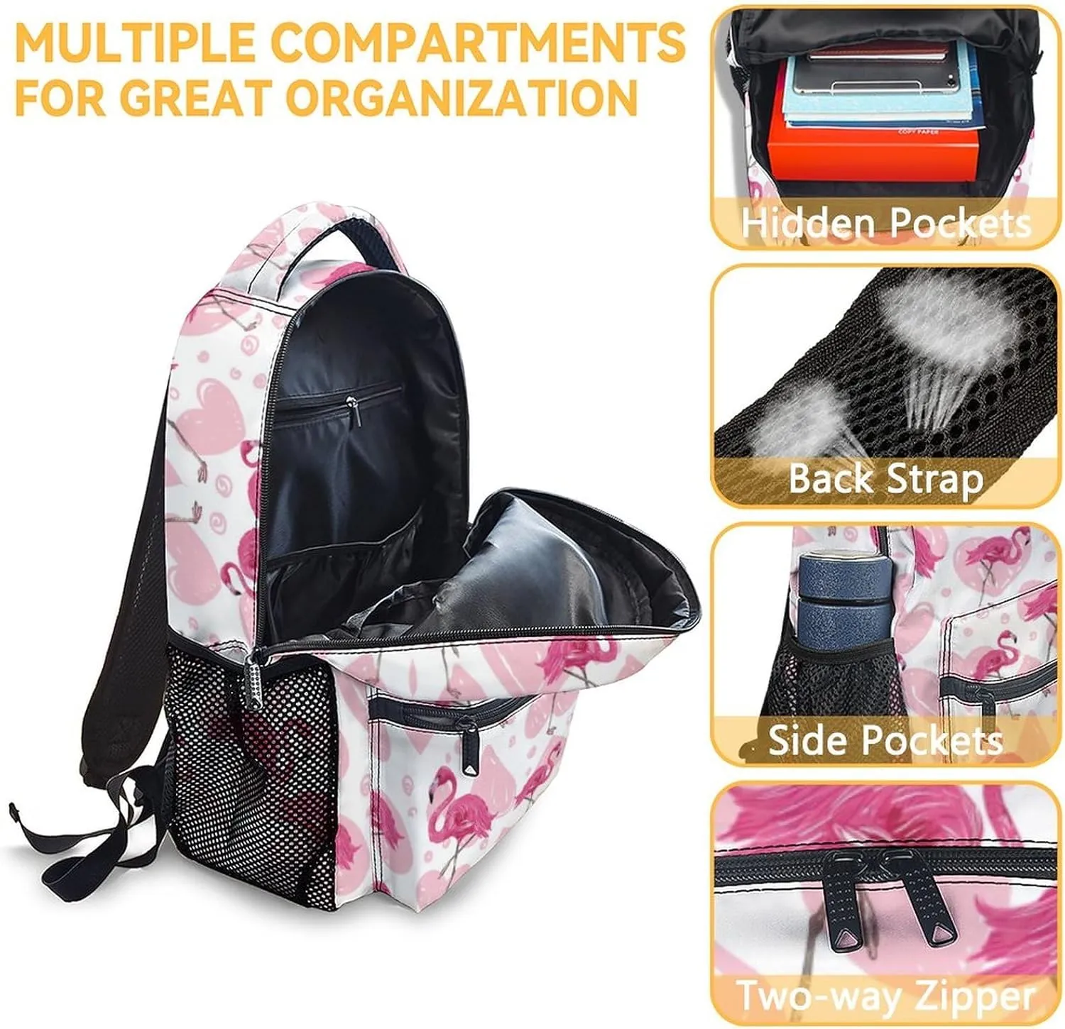 Flamingo Backpack with Lunch Box, Set of 3 School Backpacks Matching Combo for Girls Boys, Cute Pink Bookbag and Pencil Case Bundle