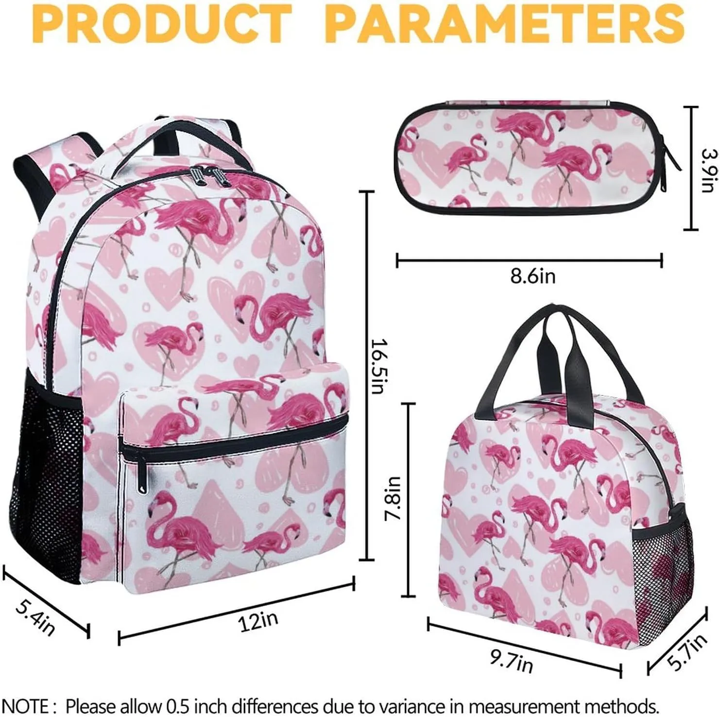 Flamingo Backpack with Lunch Box, Set of 3 School Backpacks Matching Combo for Girls Boys, Cute Pink Bookbag and Pencil Case Bundle