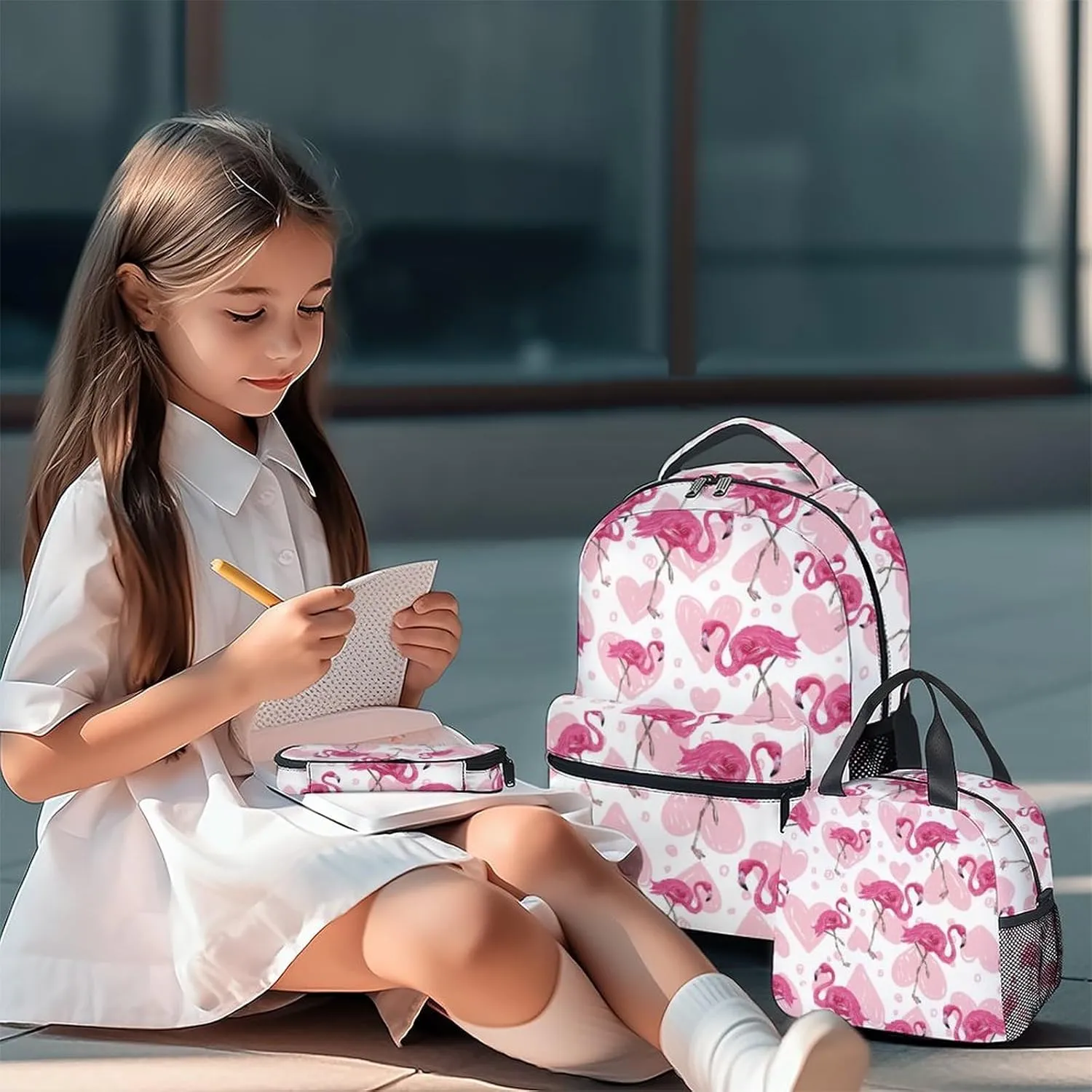 Flamingo Backpack with Lunch Box, Set of 3 School Backpacks Matching Combo for Girls Boys, Cute Pink Bookbag and Pencil Case Bundle