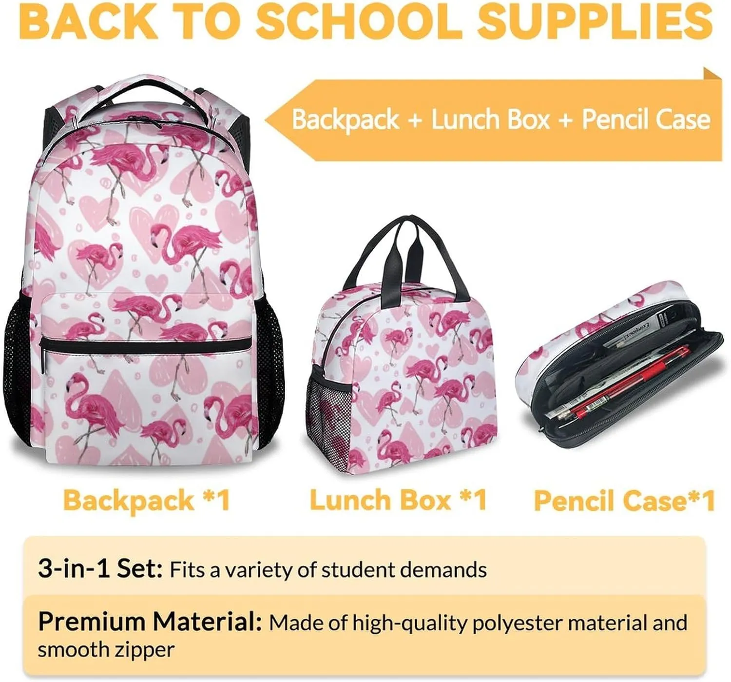 Flamingo Backpack with Lunch Box, Set of 3 School Backpacks Matching Combo for Girls Boys, Cute Pink Bookbag and Pencil Case Bundle