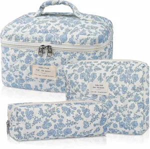 Floral Makeup Bag for Women, 3 Pcs Quilted Cosmetic Bag, Cute Flower Makeup Bags Set, Coquette Cotton Make Up Bag, Large Cosmetic Pouch, Aesthetic Travel Toiletry Organizer Bag