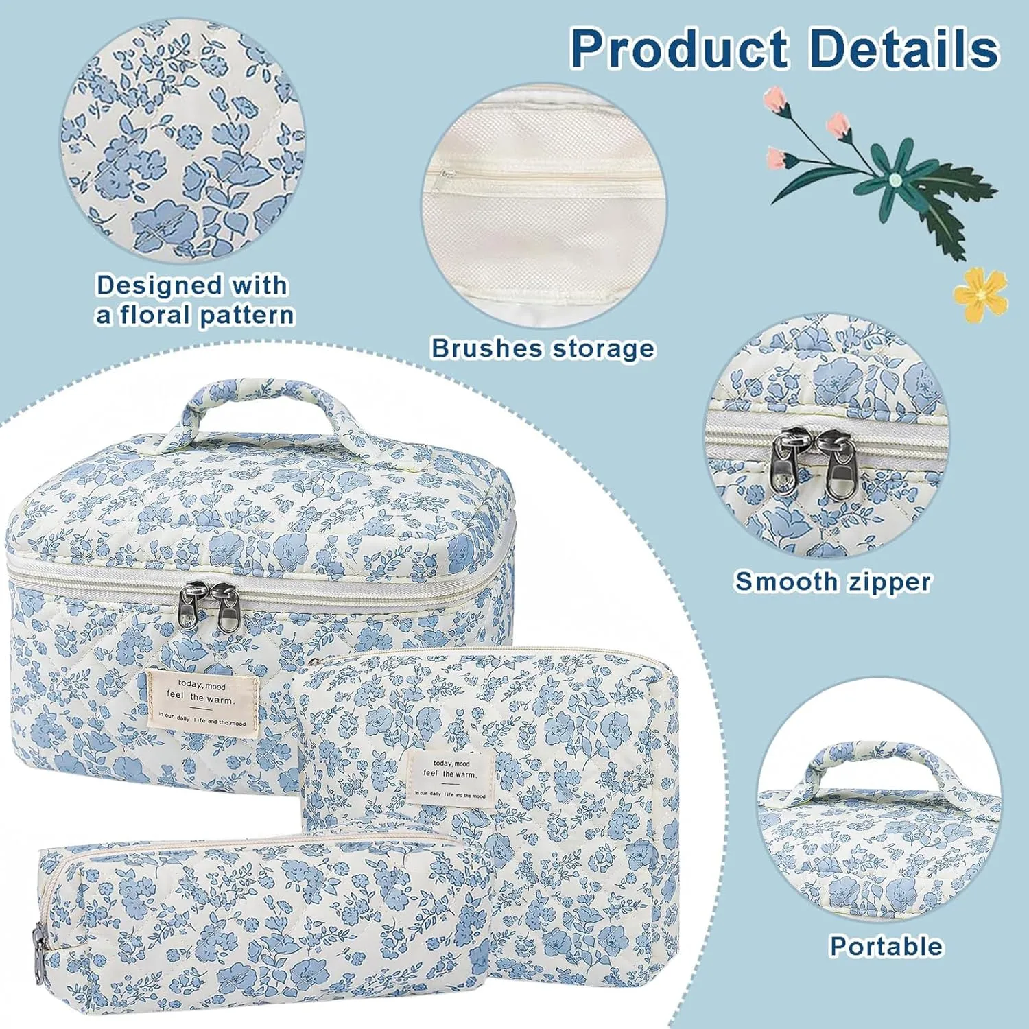 Floral Makeup Bag for Women, 3 Pcs Quilted Cosmetic Bag, Cute Flower Makeup Bags Set, Coquette Cotton Make Up Bag, Large Cosmetic Pouch, Aesthetic Travel Toiletry Organizer Bag