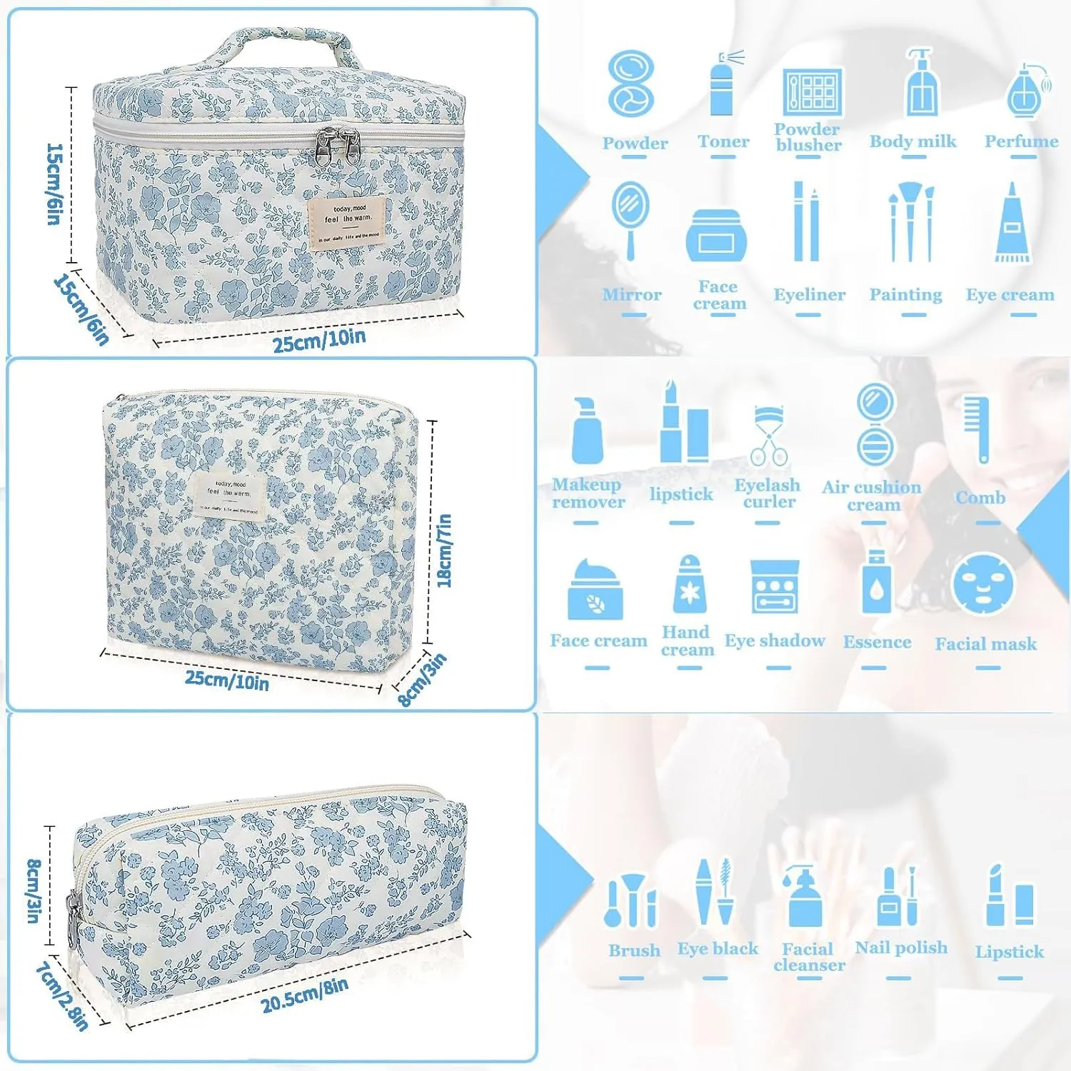 Floral Makeup Bag for Women, 3 Pcs Quilted Cosmetic Bag, Cute Flower Makeup Bags Set, Coquette Cotton Make Up Bag, Large Cosmetic Pouch, Aesthetic Travel Toiletry Organizer Bag