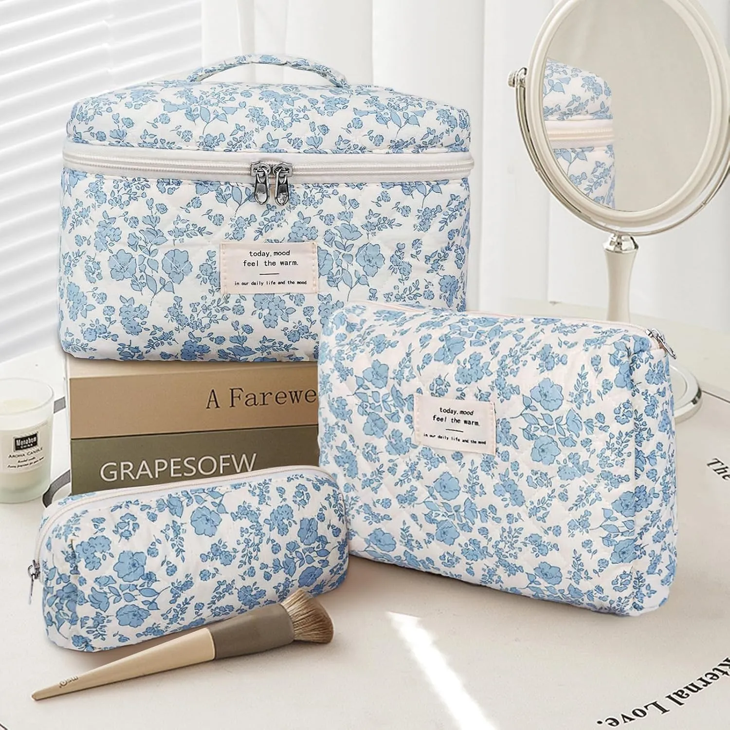 Floral Makeup Bag for Women, 3 Pcs Quilted Cosmetic Bag, Cute Flower Makeup Bags Set, Coquette Cotton Make Up Bag, Large Cosmetic Pouch, Aesthetic Travel Toiletry Organizer Bag