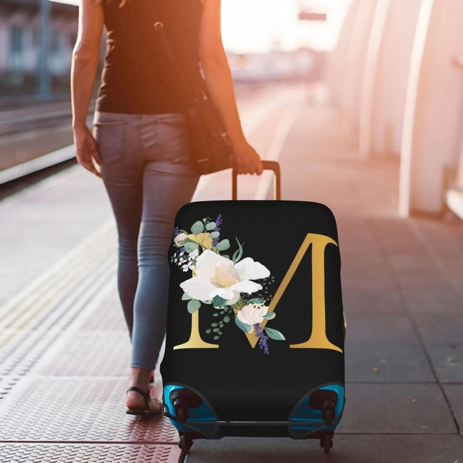 Flower Lette M Black Luggage Cover Elastic Washable Stretch Suitcase Protector Anti-Scratch Travel Suitcase Cover for Kid and Adult S (18-21 inch suitcase)