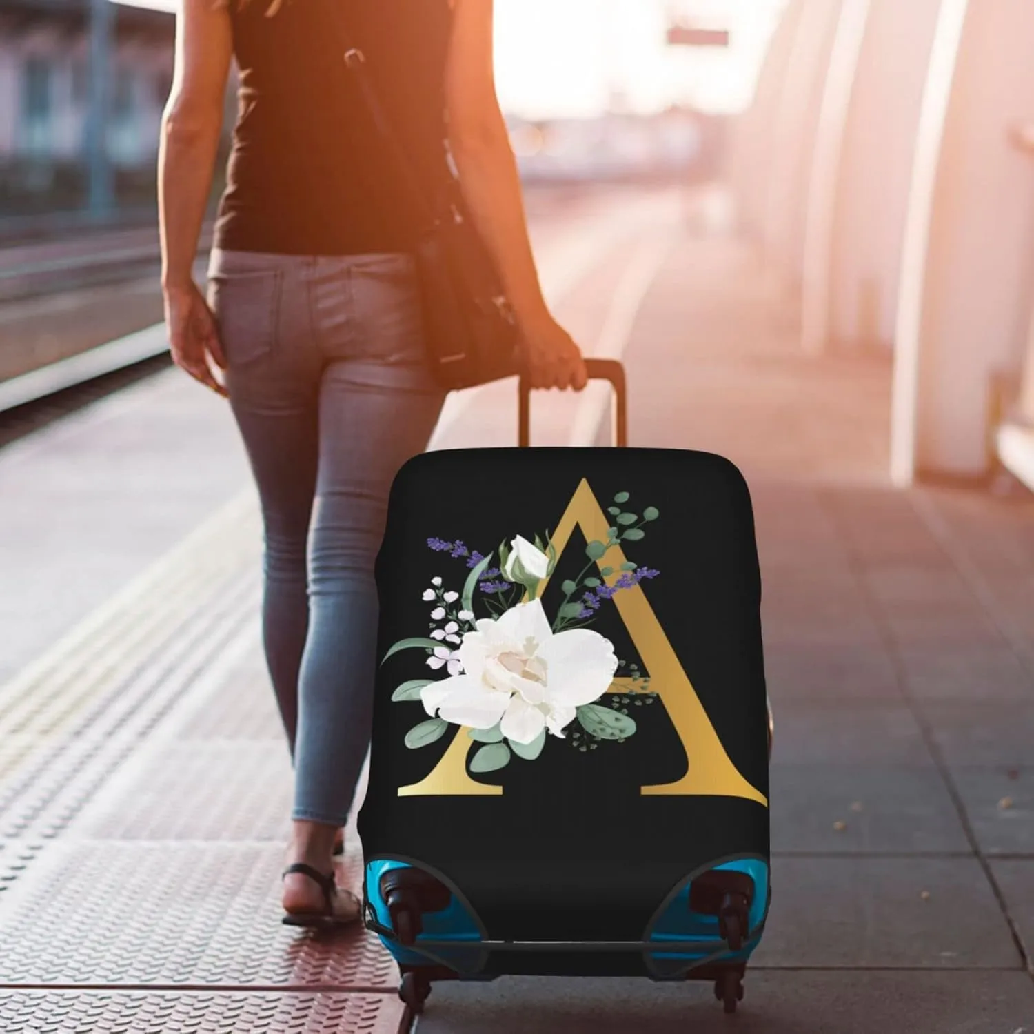 Flower Letter A Black Luggage Cover Elastic Washable Stretch Suitcase Protector Anti-Scratch Travel Suitcase Cover for Kid and Adult S (18-21 inch suitcase)