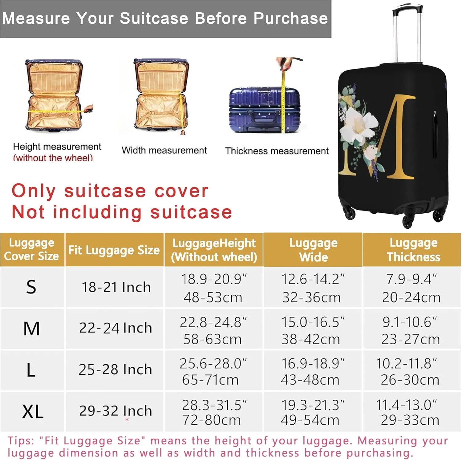 Flower Letter A Black Luggage Cover Elastic Washable Stretch Suitcase Protector Anti-Scratch Travel Suitcase Cover for Kid and Adult S (18-21 inch suitcase)