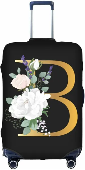 Flower Letter B Black Luggage Cover Elastic Washable Stretch Suitcase Protector Anti-Scratch Travel Suitcase Cover for Kid and Adult S (18-21 inch suitcase)