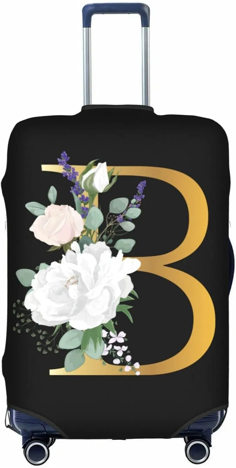 Flower Letter B Black Luggage Cover Elastic Washable Stretch Suitcase Protector Anti-Scratch Travel Suitcase Cover for Kid and Adult S (18-21 inch suitcase)