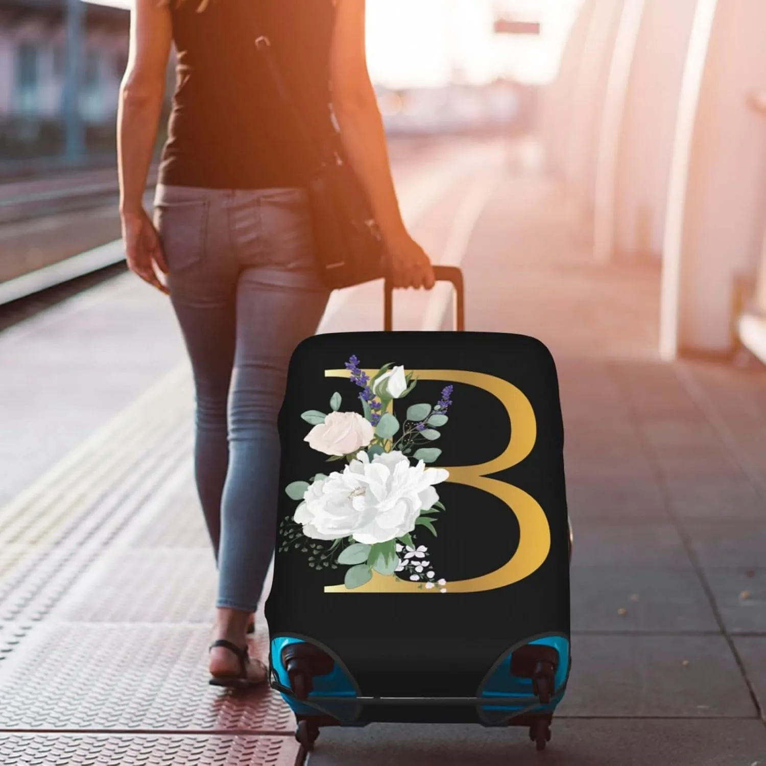 Flower Letter B Black Luggage Cover Elastic Washable Stretch Suitcase Protector Anti-Scratch Travel Suitcase Cover for Kid and Adult S (18-21 inch suitcase)