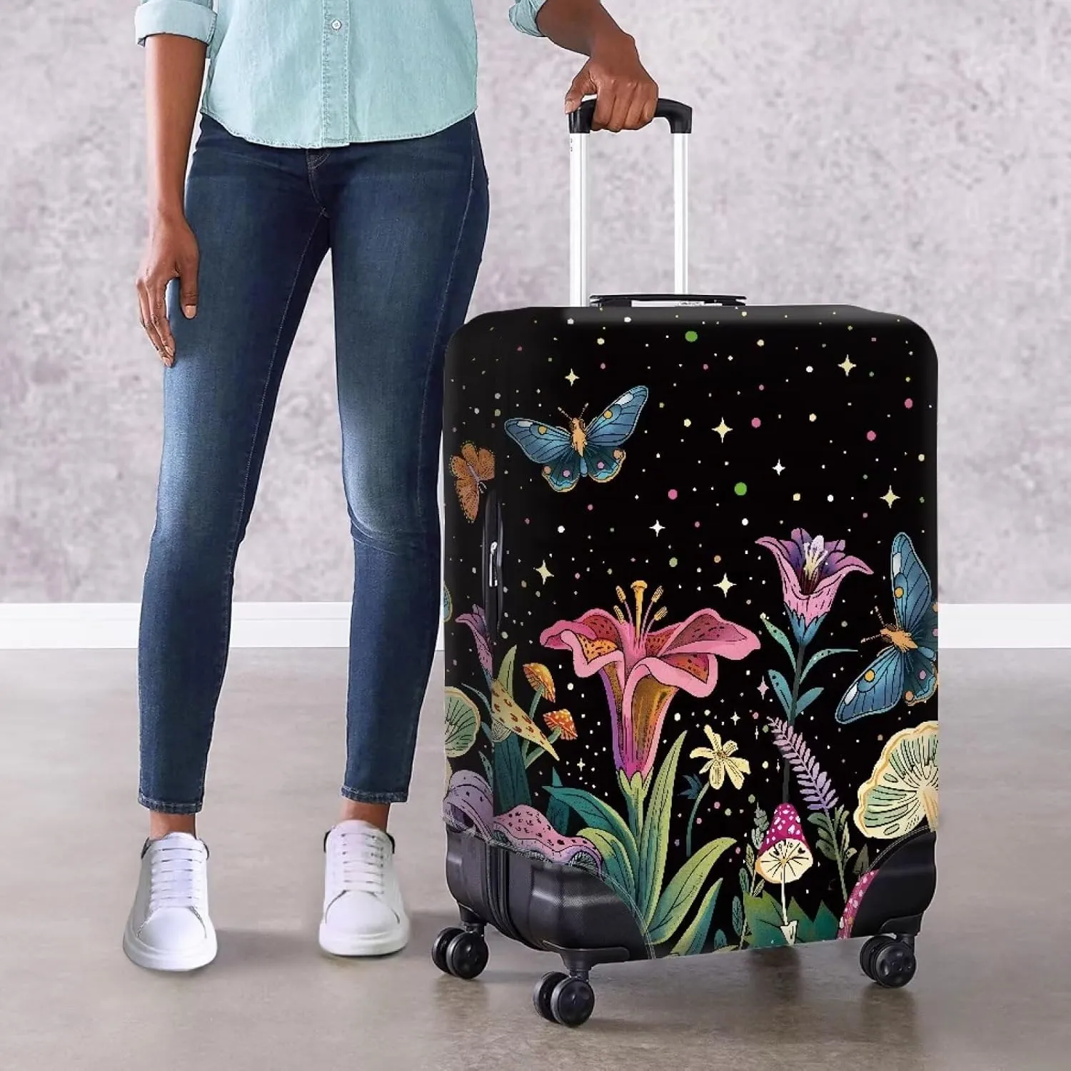 Flowers And Stars Luggage Suitcase Covers for Luggage Elastic Luggage Cover Protector Scratch Resistant Travel Suitcase Cover Fits 18-32 Inch Luggage Travel Bag Cover Travel Covers-L