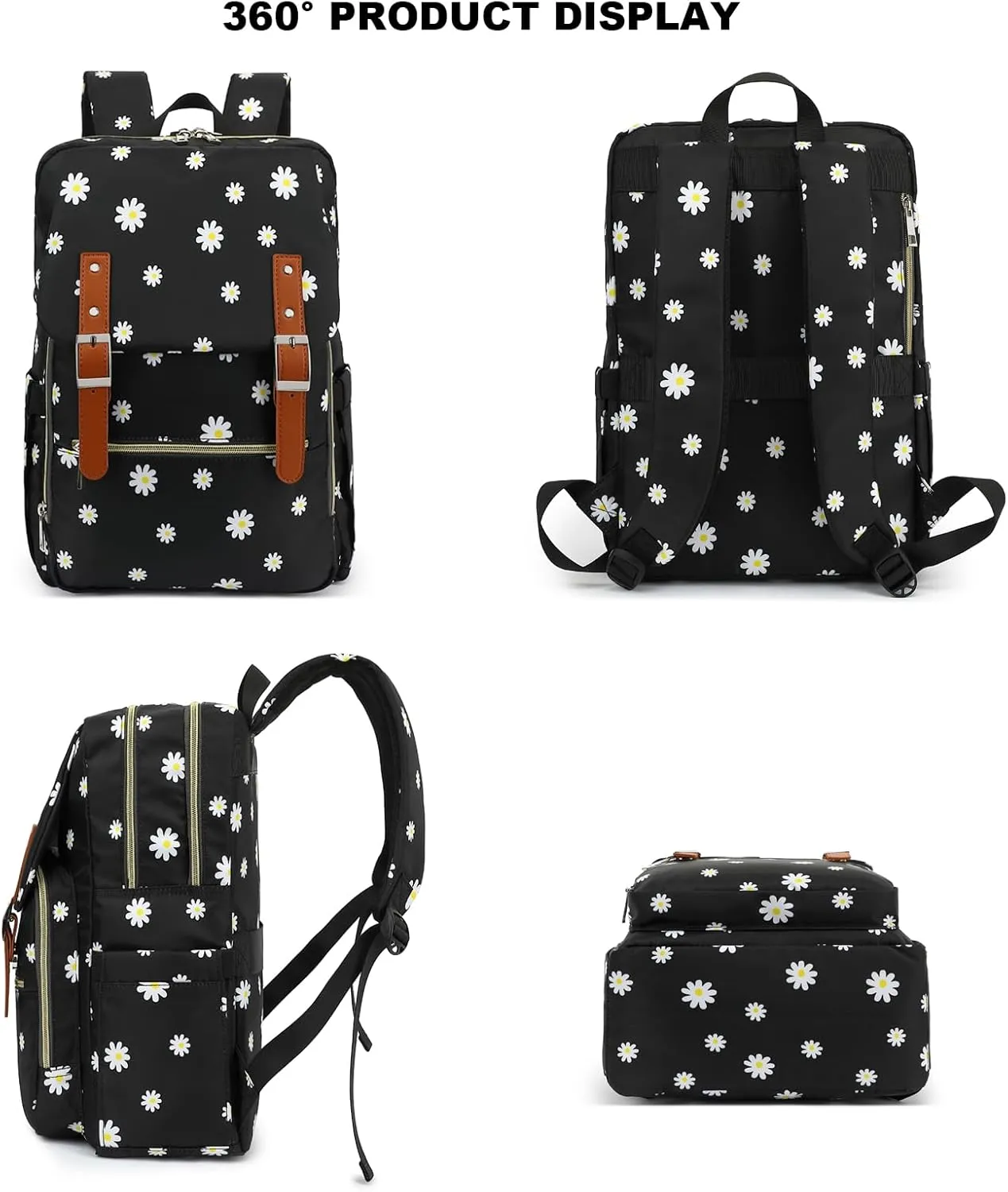 Flowers Laptop Backpack for Women Girls School Work Business Travel Computer Backpacks College Bookbag Fit 15.6 Inch Notebook (Daisy Black)