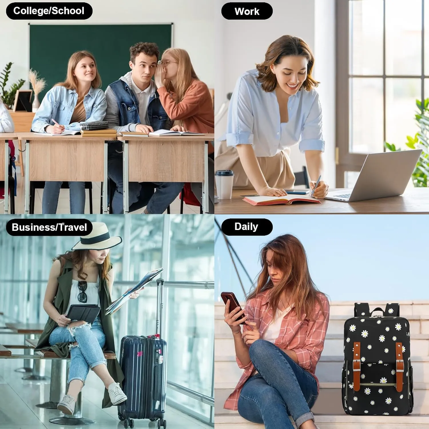 Flowers Laptop Backpack for Women Girls School Work Business Travel Computer Backpacks College Bookbag Fit 15.6 Inch Notebook (Daisy Black)