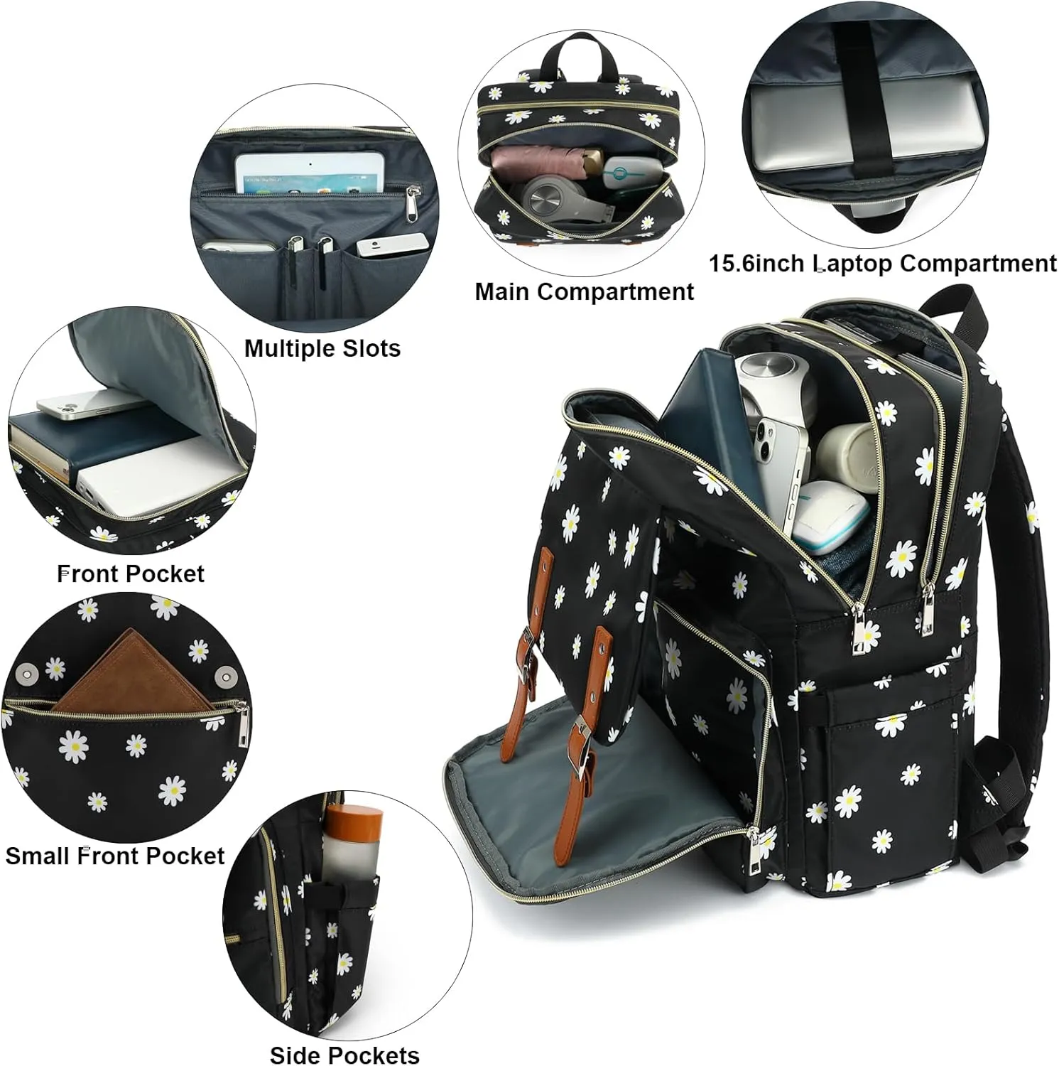 Flowers Laptop Backpack for Women Girls School Work Business Travel Computer Backpacks College Bookbag Fit 15.6 Inch Notebook (Daisy Black)