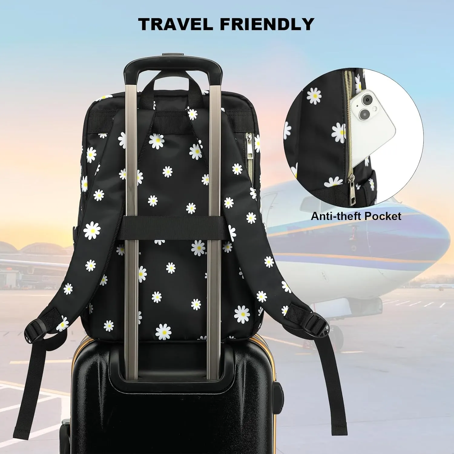 Flowers Laptop Backpack for Women Girls School Work Business Travel Computer Backpacks College Bookbag Fit 15.6 Inch Notebook (Daisy Black)