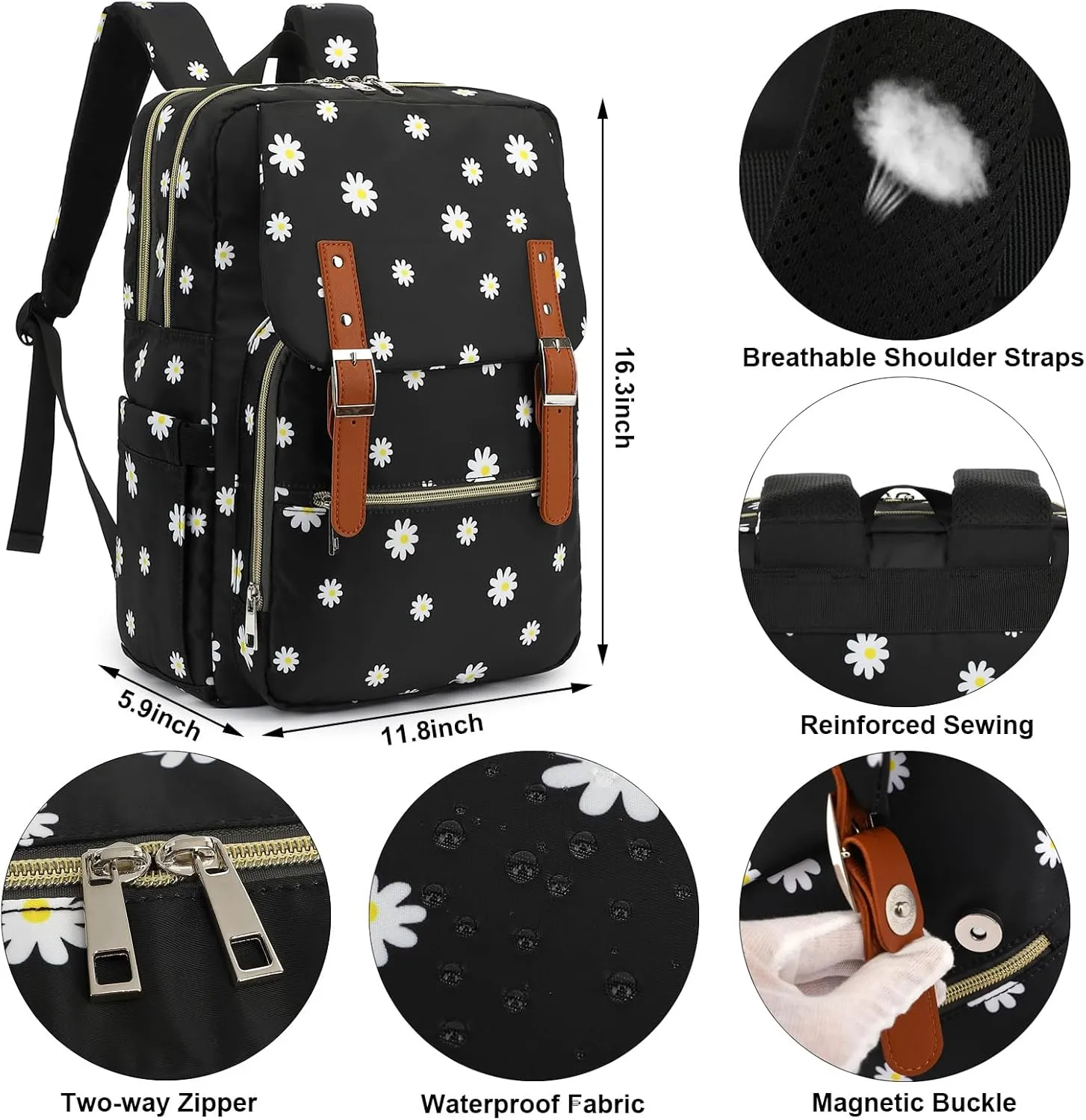 Flowers Laptop Backpack for Women Girls School Work Business Travel Computer Backpacks College Bookbag Fit 15.6 Inch Notebook (Daisy Black)