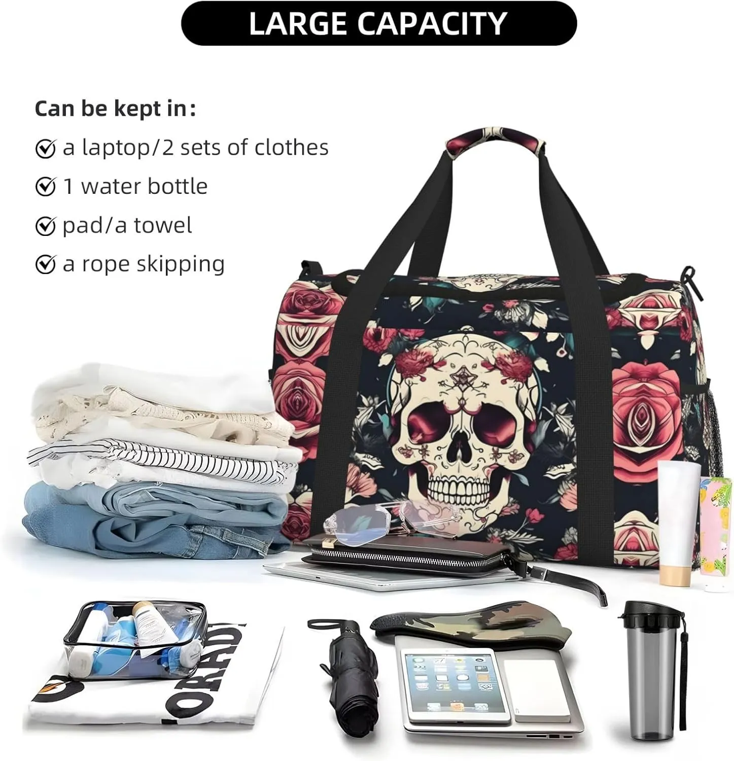 Flowers Skull Ornamental Pattern Travel Bag, Weekender Bags For Women Men For Outdoor Adventures, Ideal For Camping And Hiking