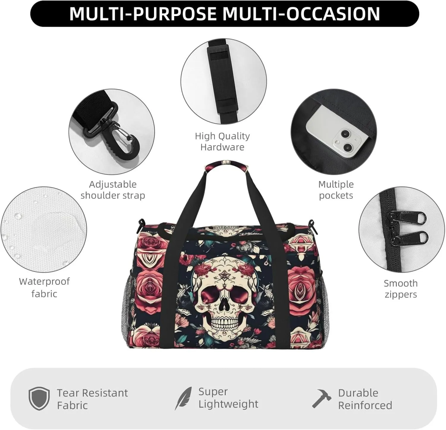 Flowers Skull Ornamental Pattern Travel Bag, Weekender Bags For Women Men For Outdoor Adventures, Ideal For Camping And Hiking