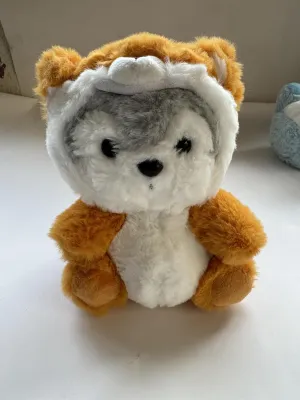 Fluffy Husky Plush Toy Wearing Fox Costume 7.5 Inch Cute Stuffed Animal with Orange Tail, Snuggly Husky Dog Doll for Bedroom Decor and Cuddling.(Fox)