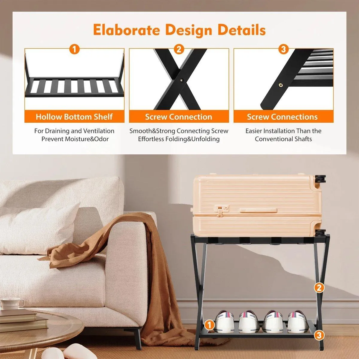 Foldable Bamboo Luggage Rack Hotel Room Portable Suitcase Holder Travel Rack
