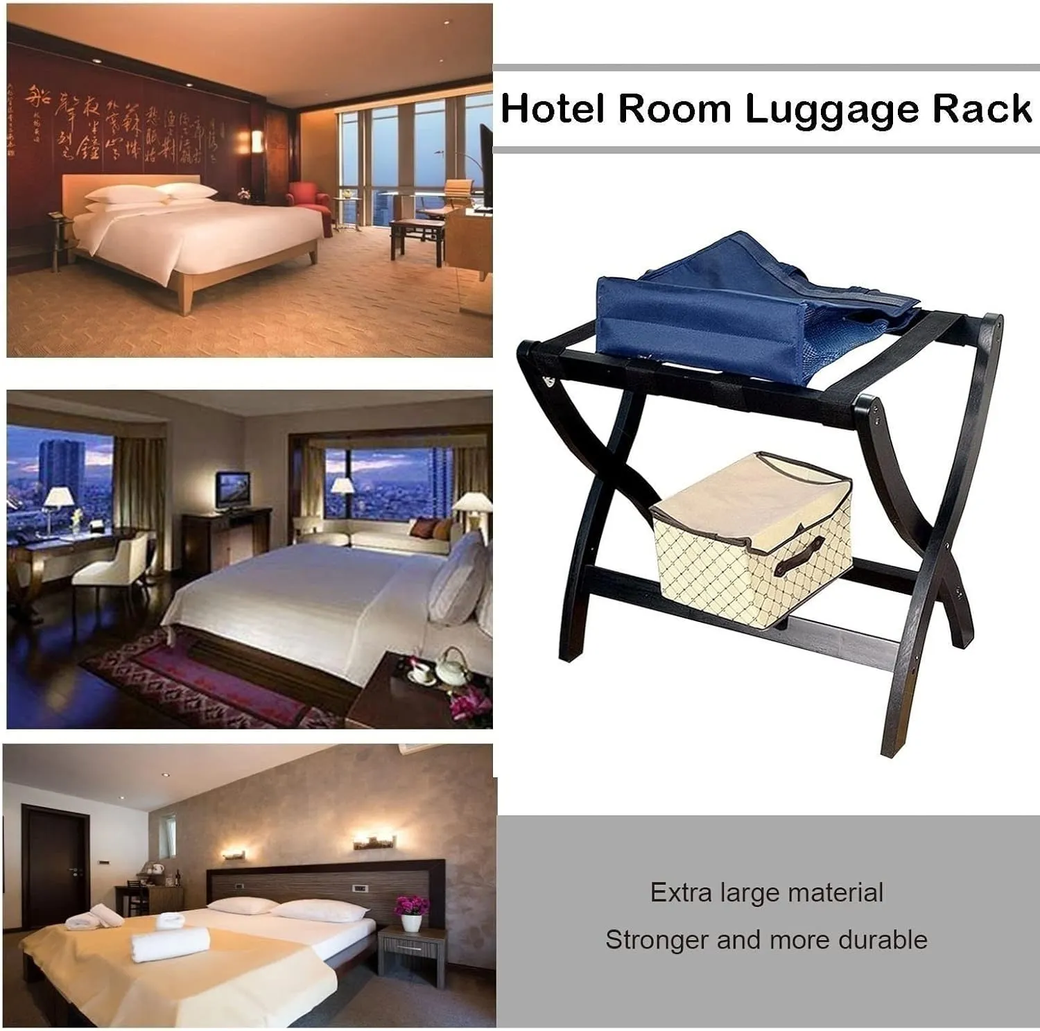 Foldable Luggage Rack Set of 2 - Solid Wood Travel Bag Holder with Nylon Cord, Multi-Function Suitcase Stand for Home, Bedroom & Guest Room, 23.6×15.7×23.6in(Yellow)