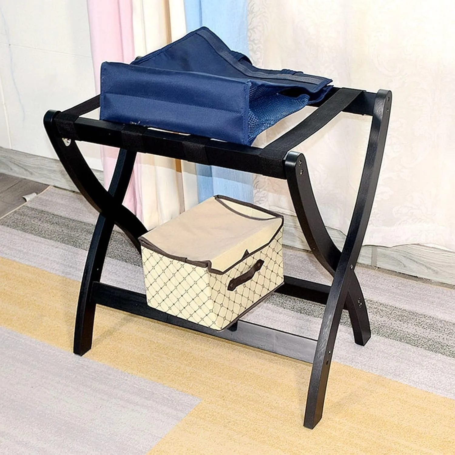 Foldable Luggage Rack Set of 2 - Solid Wood Travel Bag Holder with Nylon Cord, Multi-Function Suitcase Stand for Home, Bedroom & Guest Room, 23.6×15.7×23.6in(Yellow)