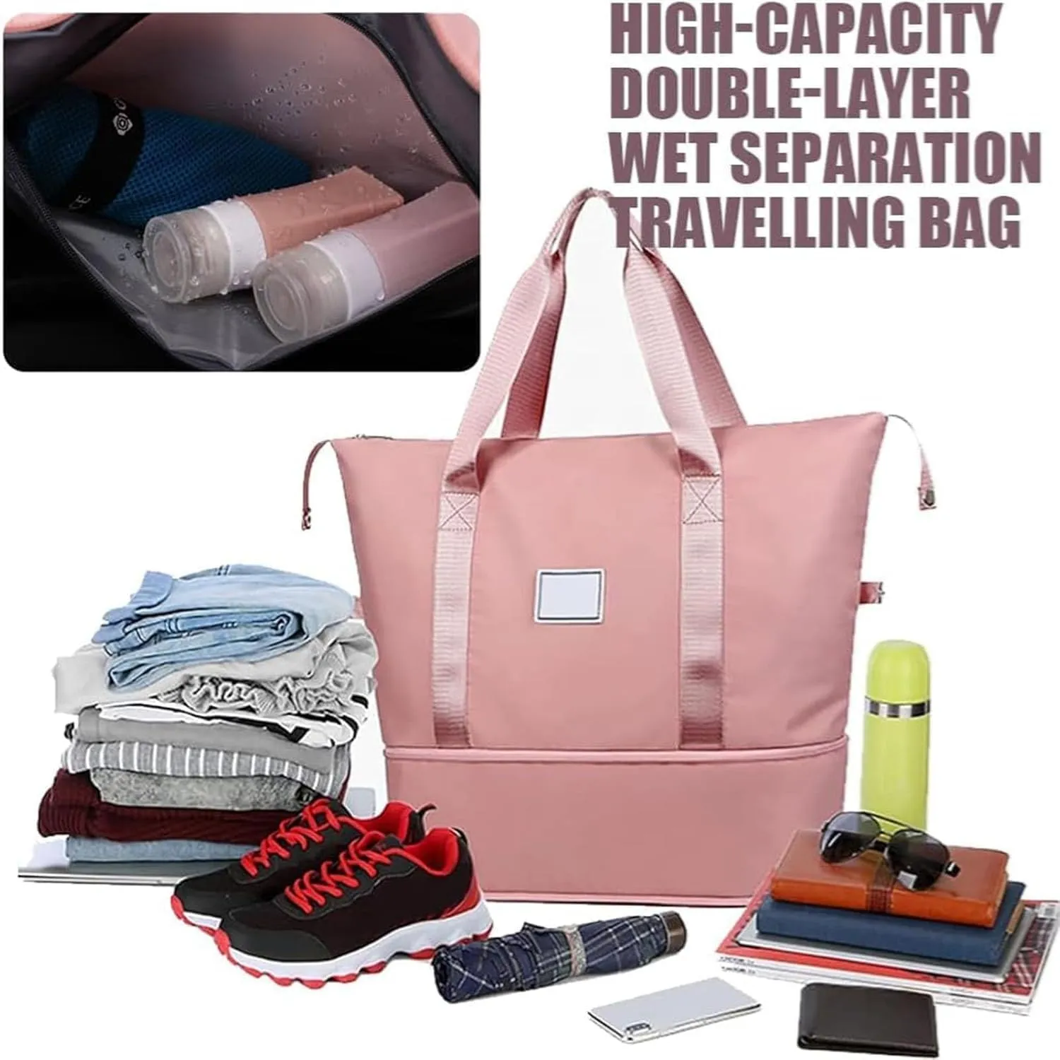 Foldable Travel Bag Expandable, Wealthyn High-Capacity Double-Layer Wet Separation Travelling Bag (Black)