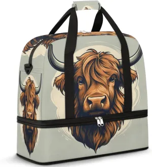 Foldable Travel Duffel Bag for Women, Overnight Weekender Bag Highland Cow Carry on Duffel Bag Luggage Sports Gym Tote Bag with Shoes Compartment, Water Rresistant Shoulder Bag,C43