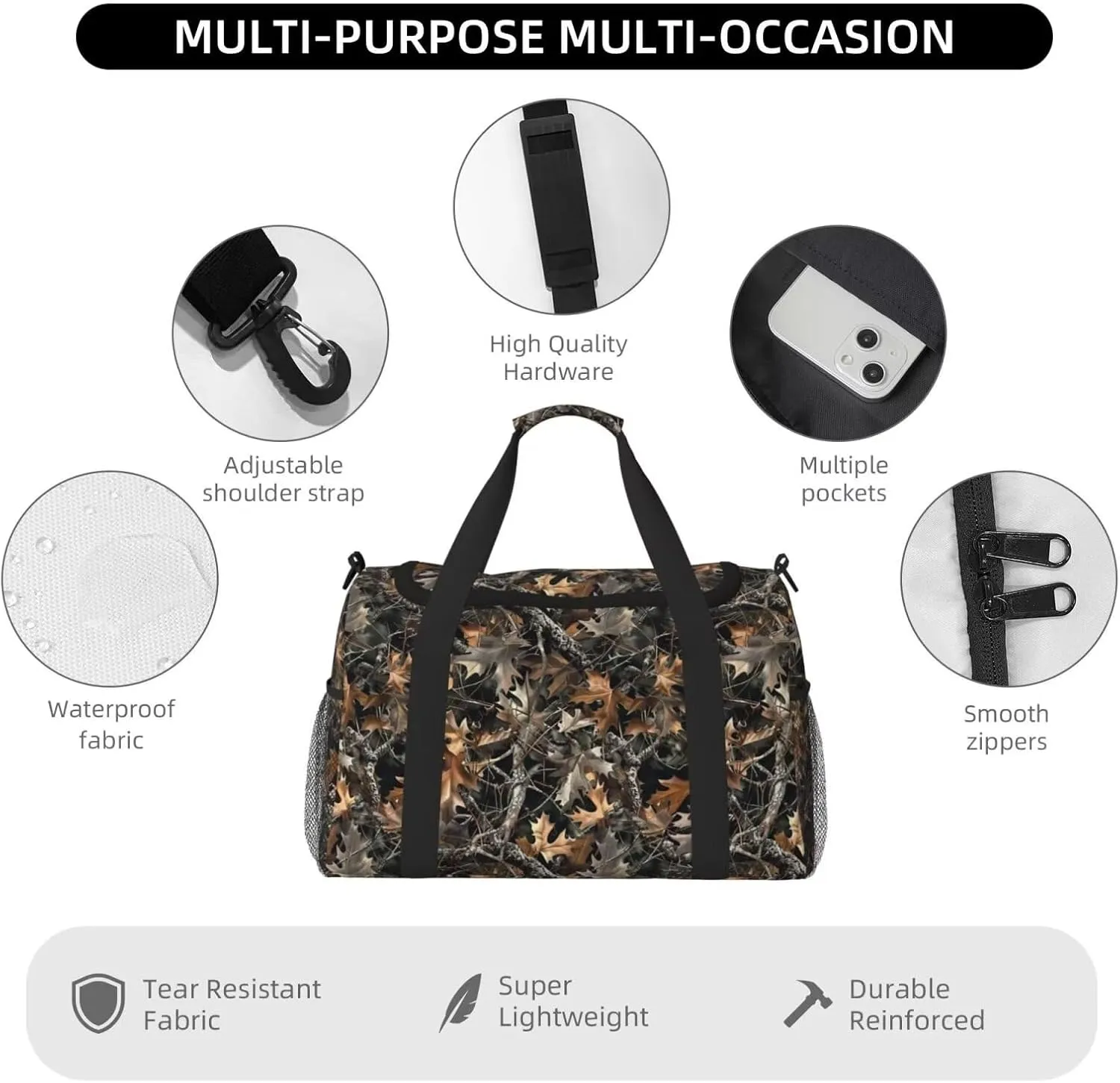 Foldable Travel Duffle Bag for Women Camo Fall Fallen Leaves Duffel Bag Branch Carry On Weekend Bag for Women, Men, Overnight Dried Leaves Luggage Bag Big Gym Bag