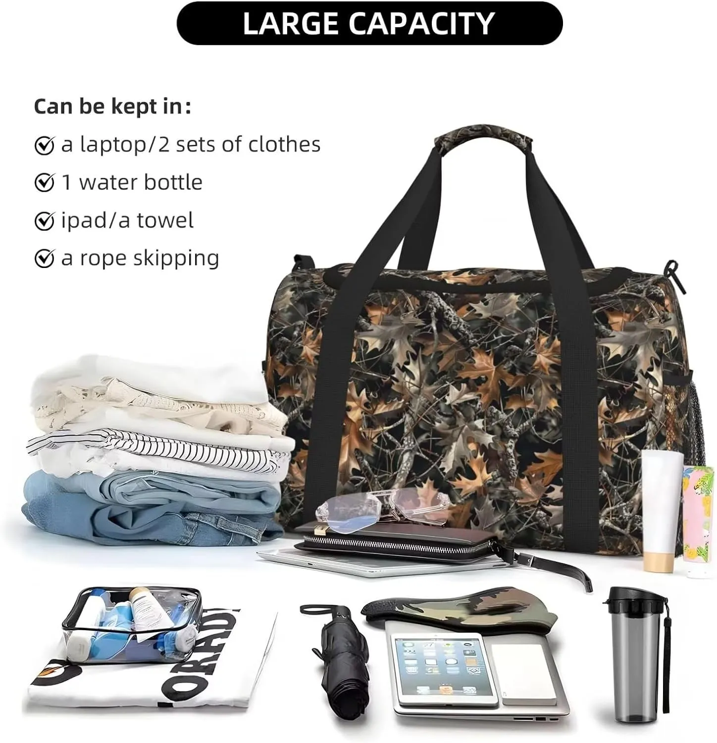 Foldable Travel Duffle Bag for Women Camo Fall Fallen Leaves Duffel Bag Branch Carry On Weekend Bag for Women, Men, Overnight Dried Leaves Luggage Bag Big Gym Bag